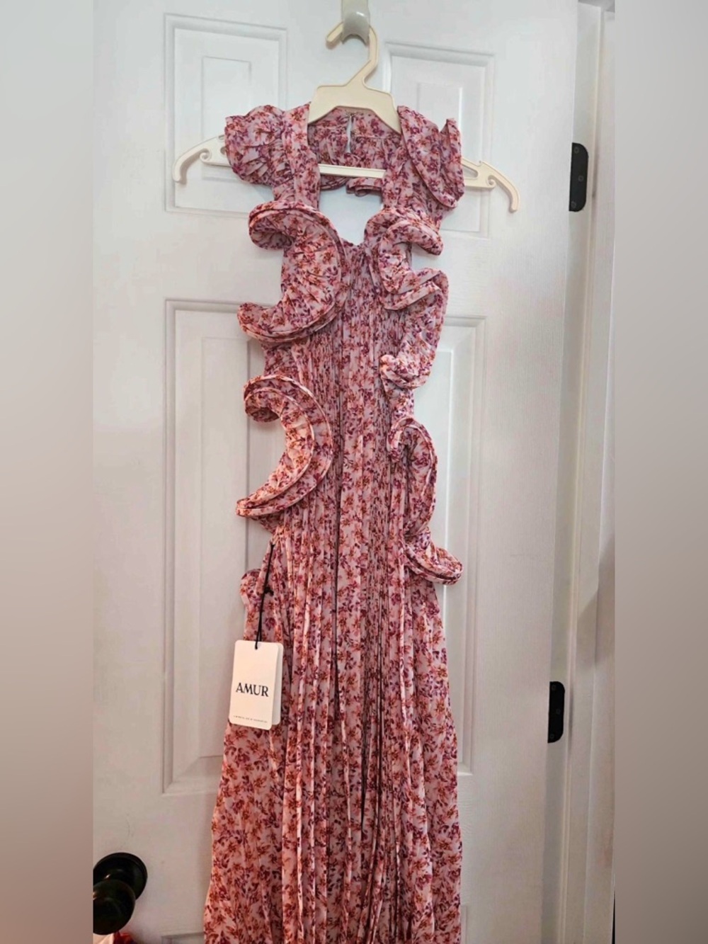 AMUR Pink Floral Ruffle Maxi Gown